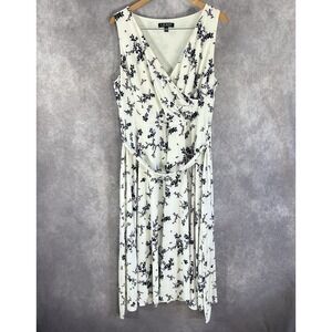 Ralph Lauren Midi Dress Womens 14 White Floral Sleeveless Belted V-Neck Lined
